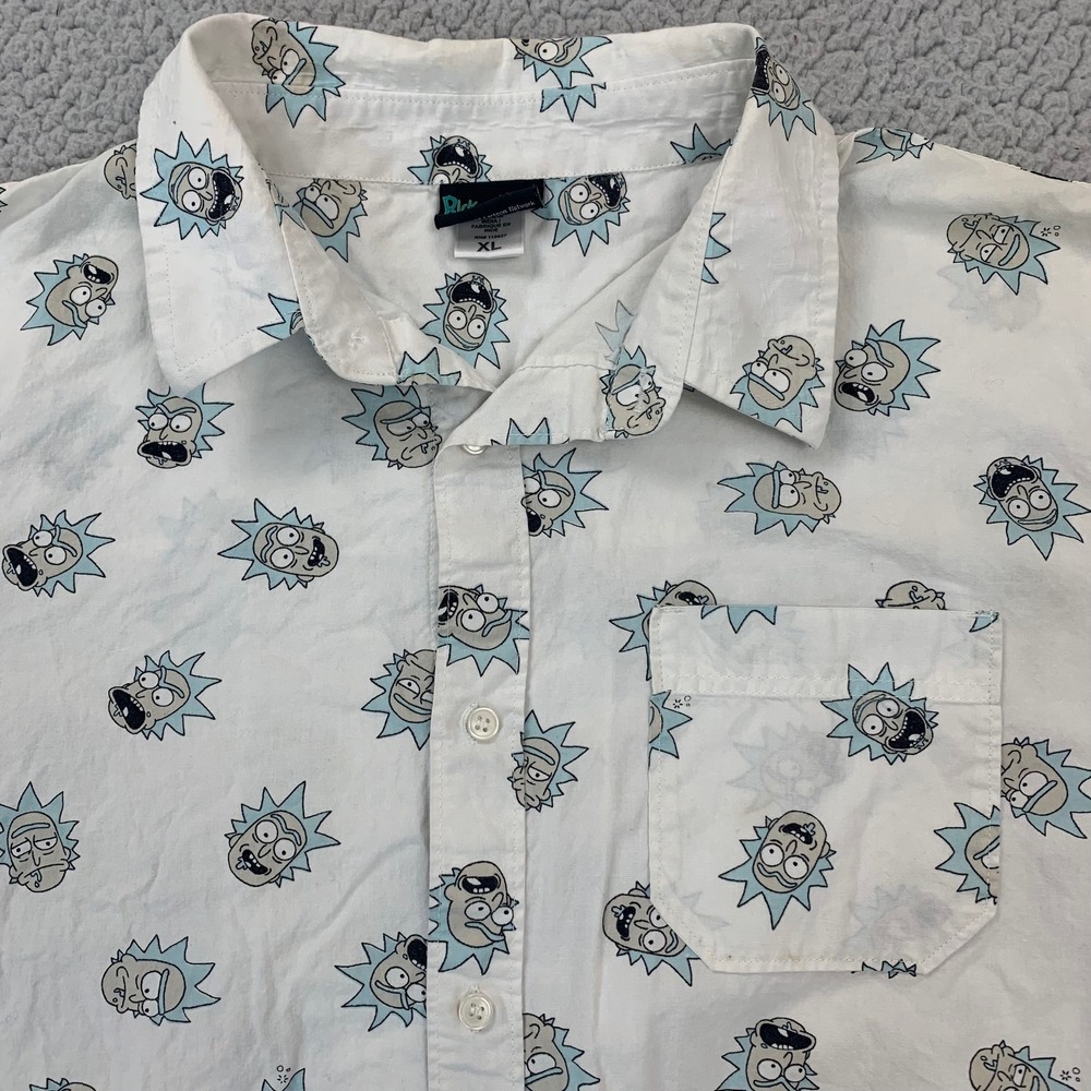 Rick and Morty Shirt Mens XL White All Over Print Adult Swim Button Down Cotton
